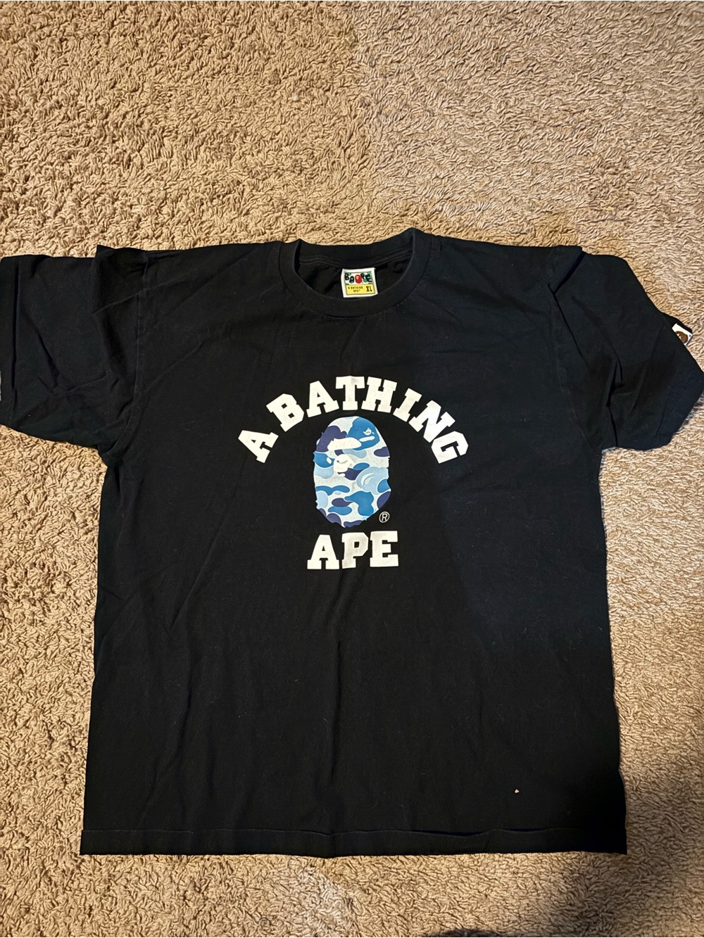 Bape Black Tee with Blue Camo Ape Head runs small sz M